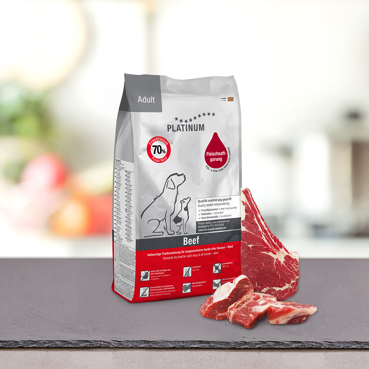 minős&eacute;gi sz&aacute;raz kutyat&aacute;p - PLATINUM Beef+Potato pr&eacute;mium kutyaeledel