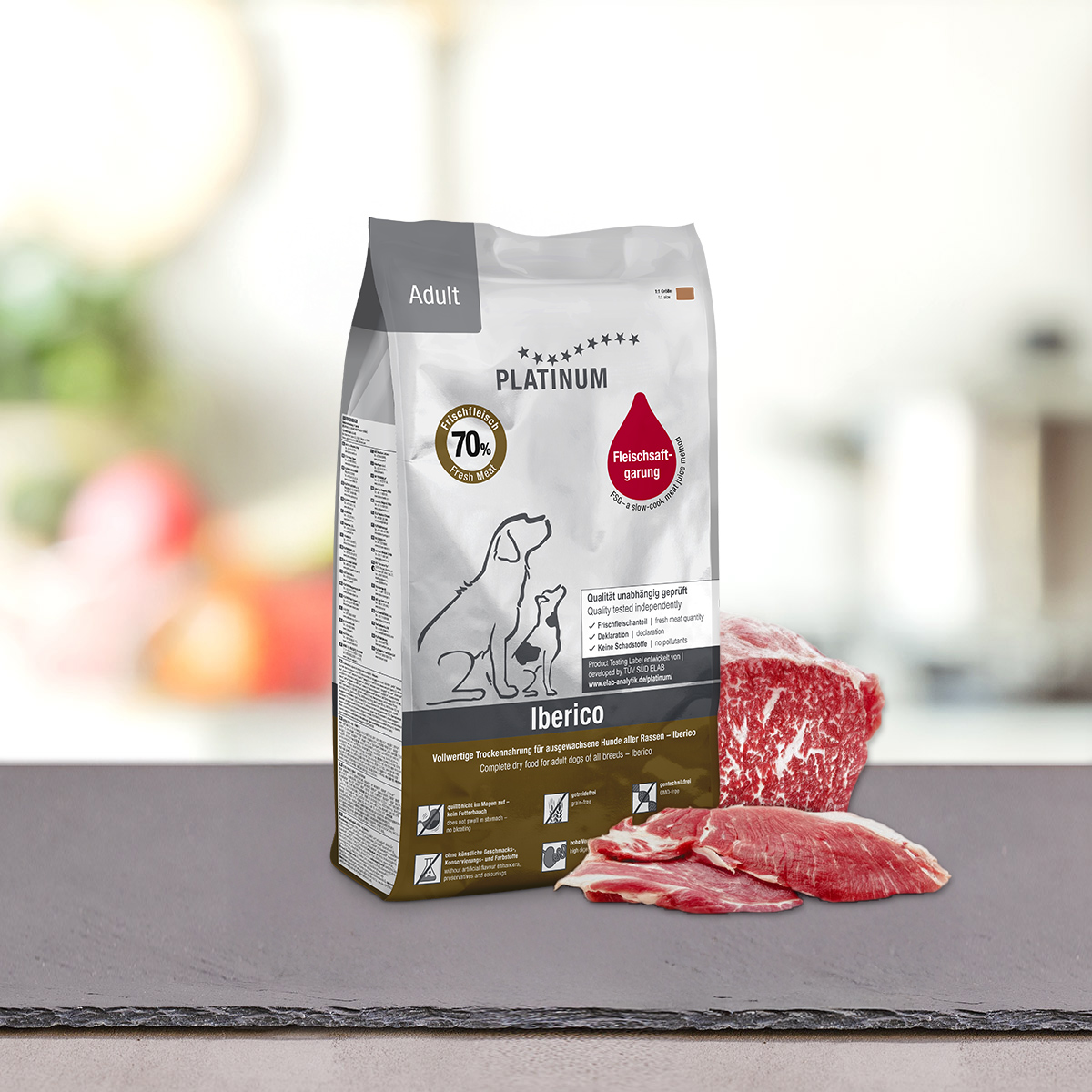 Adult Iberico+Greens / Ib&eacute;riai sert&eacute;s felnőtt kutyat&aacute;p